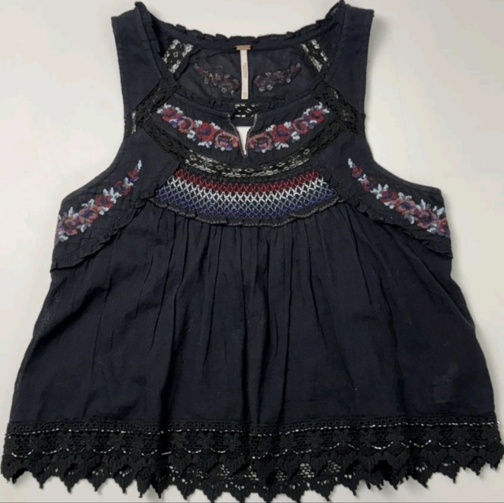Free People Embroidered Navy Sleeveless Top
